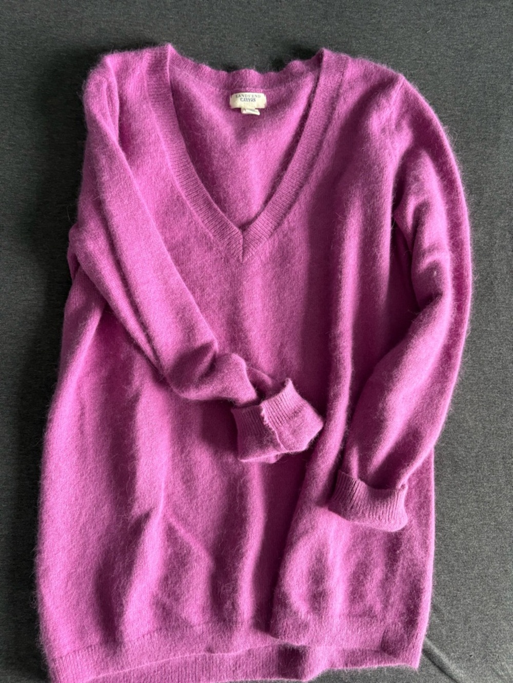 Lands' End Canvas Fuscia/Magenta Angora Rabbit Blend V-Neck Grandma Sweater